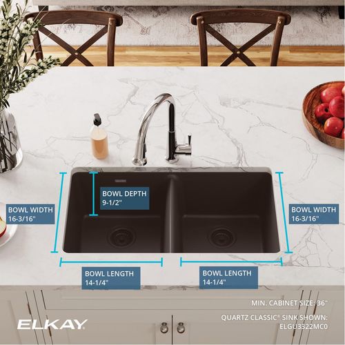 Main product image of Quartz Classic 33" x 18-1/2" x 9-1/2" Equal Double Bowl Undermount Sink Mocha