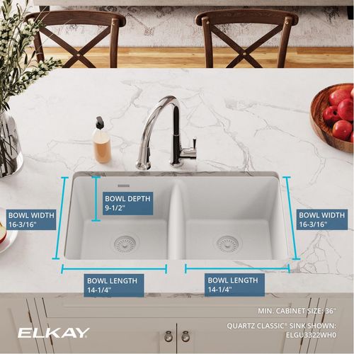 Main product image of Quartz Classic 33" x 18-1/2" x 9-1/2" Equal Double Bowl Undermount Sink (White)