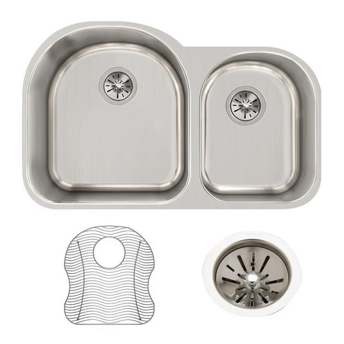 Main product image of Lustertone Classic Stainless Steel 31-1/4" x 20" x 10" Offset 60/40 Double Bowl Undermount Sink Kit