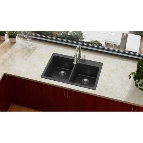 Main product image of Quartz Luxe 33" x 22" x 9-1/2" Offset Double Bowl Drop-in Sink Caviar