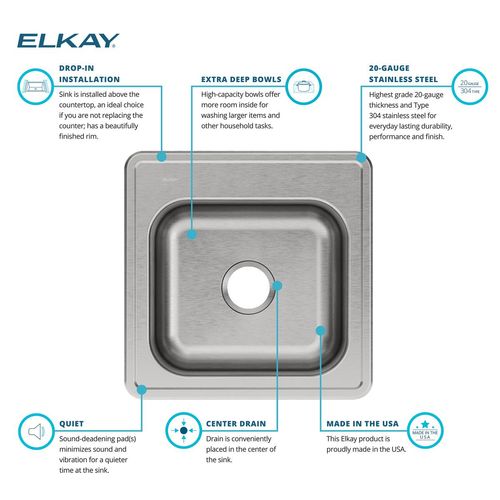 Main product image of Elkay Celebrity Stainless Steel 20" x 20" x 10-1/8", 0-Hole Single Bowl Drop-in Laundry Sink