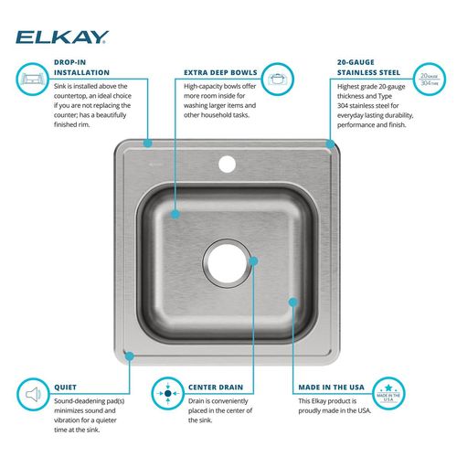 Main product image of Elkay Celebrity Stainless Steel 20" x 20" x 10-1/8" 1-Hole Single Bowl Drop-in Laundry Sink