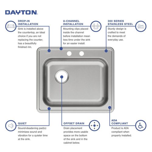 Main product image of Dayton Stainless Steel 25" x 21-1/4" x 5-3/8" 2-Hole Single Bowl Drop-in Sink w/ Left Drain