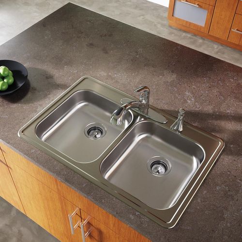 Main product image of Dayton Stainless Steel 33" x 21-1/4" x 5-3/8" 4-Hole Equal Double Bowl Drop-in Sink