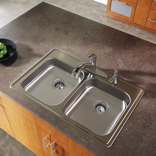 Main product image of Dayton Stainless Steel 33" x 22" x 5-3/8" 4-Hole Equal Double Bowl Drop-in Sink