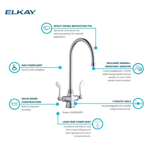 Main product image of Single Hole w/ Concealed Deck Faucet w/ 8" Gooseneck Spout 4" Wristblade Handles (Chrome), LK500GN08T4