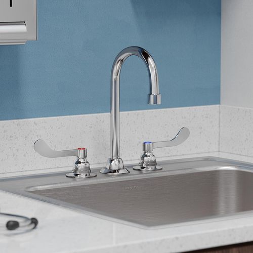 Main product image of 8" Centerset w/ Concealed Deck Faucet w/ 5" Gooseneck Spout 4" Wristblade Handles (Chrome), LK800GN05T4
