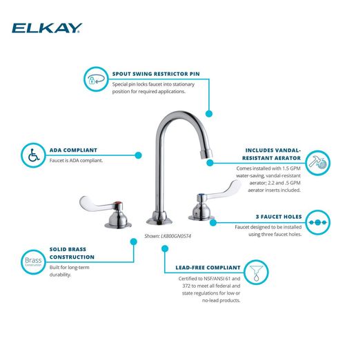 Main product image of 8" Centerset w/ Concealed Deck Faucet w/ 5" Gooseneck Spout 4" Wristblade Handles (Chrome), LK800GN05T4