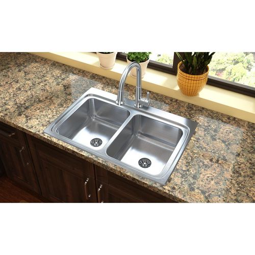 Main product image of Lustertone Classic Stainless Steel 33" x 22" x 8-1/8" 1-Hole Equal Double Bowl Drop-in Sink w/ Perfect Drain