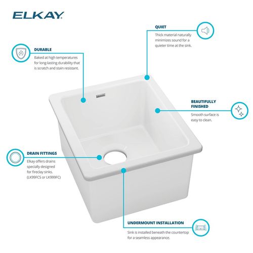 Main product image of Fireclay 16-7/16" x 18-15/16" x 9-1/16" Single Bowl Undermount Bar Sink (White)
