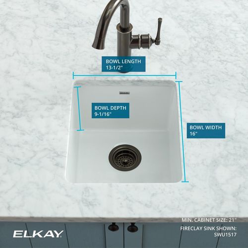 Main product image of Fireclay 16-7/16" x 18-15/16" x 9-1/16" Single Bowl Undermount Bar Sink (White)
