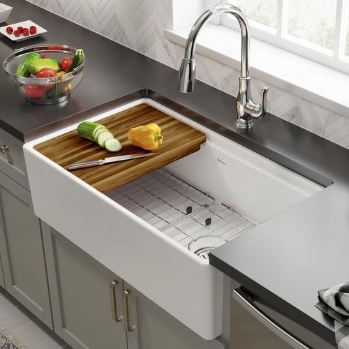 Main product image of Fireclay 33" x 18-13/16" x 9-5/8" Single Bowl Farmhouse Workstation Sink Kit (White)