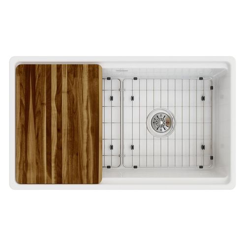 Main product image of Fireclay 33" x 18-13/16" x 9-5/8" Single Bowl Farmhouse Workstation Sink Kit (White)