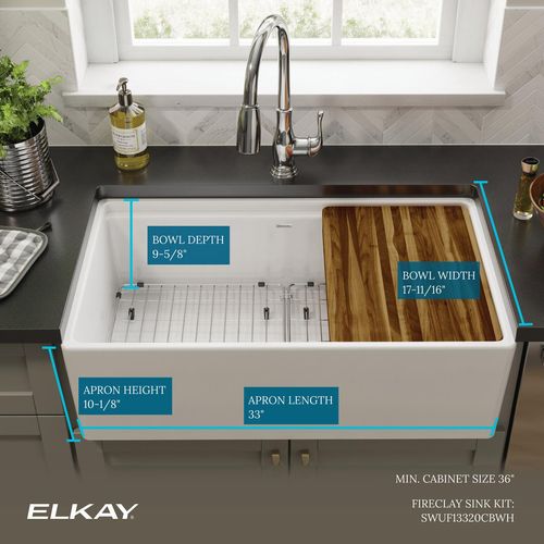 Main product image of Fireclay 33" x 18-13/16" x 9-5/8" Single Bowl Farmhouse Workstation Sink Kit (White)
