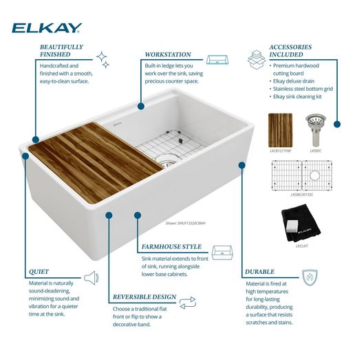 Main product image of Fireclay 33" x 18-13/16" x 9-5/8" Single Bowl Farmhouse Workstation Sink Kit (White)