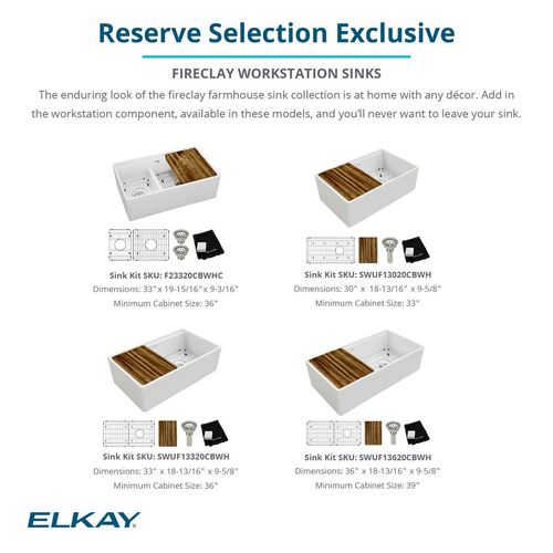 Main product image of Fireclay 33" x 18-13/16" x 9-5/8" Single Bowl Farmhouse Workstation Sink Kit (White)