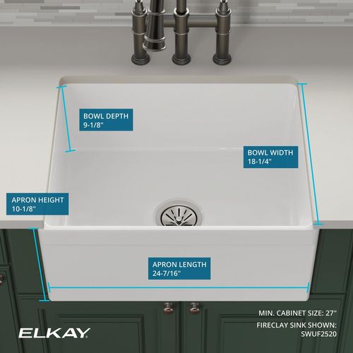 Main product image of Fireclay 24-7/16" x 19-11/16" x 9-1/8" Single Bowl Farmhouse Sink (White)