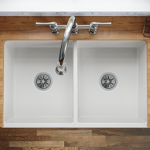 Main product image of Fireclay 33" x 19-15/16" x 9" Equal Double Bowl Farmhouse Sink (White)