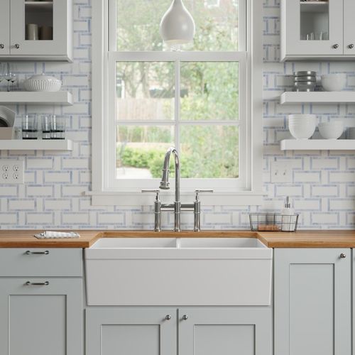 Main product image of Fireclay 33" x 19-15/16" x 9" Equal Double Bowl Farmhouse Sink (White)