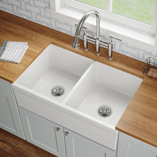 Main product image of Fireclay 33" x 19-15/16" x 9" Equal Double Bowl Farmhouse Sink (White)