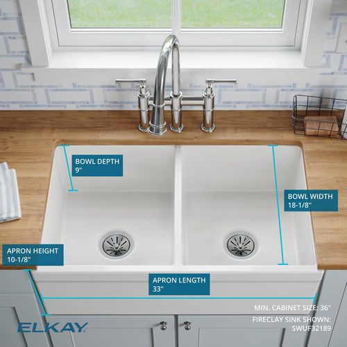 Main product image of Fireclay 33" x 19-15/16" x 9" Equal Double Bowl Farmhouse Sink (White)