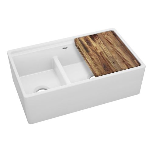 Main product image of Fireclay 33" x 19-15/16" x 9-3/16" 60/40 Double Bowl Farmhouse Workstation Sink w/ Aqua Divide (White)