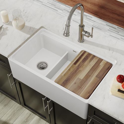 Main product image of Fireclay 33" x 19-15/16" x 9-3/16" 60/40 Double Bowl Farmhouse Workstation Sink w/ Aqua Divide (White)