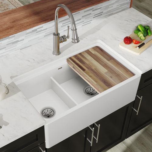 Main product image of Fireclay 33" x 19-15/16" x 9-3/16" 60/40 Double Bowl Farmhouse Workstation Sink w/ Aqua Divide (White)