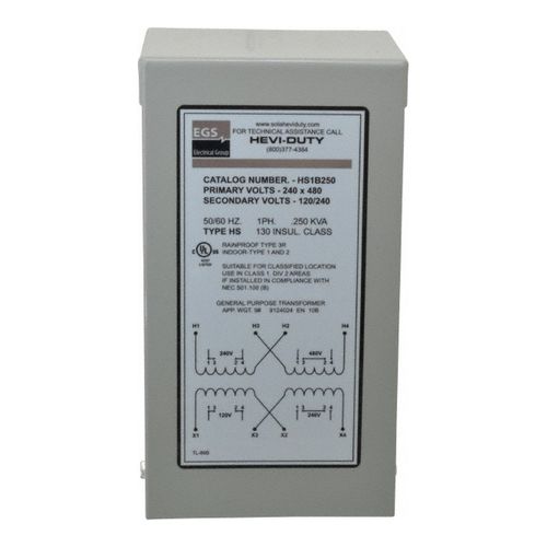Main product image of SolaHD 1 Phase, 240-480 Volt Input, 120/240 Volt Output, 60 Hz, 1/4 kVA, General Purpose Transformer, HS1B250