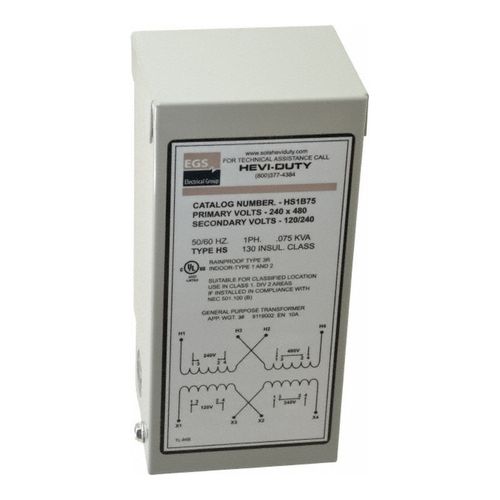 Main product image of SolaHD 1 Phase, 240-480 Volt Input, 120/240 Volt Output, 60 Hz, 0.08 kVA, General Purpose Transformer, HS1B75