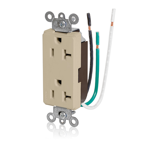 Main product image of Decora Plus Duplex Receptacle Outlet,  Smooth Face, 20A, 125V Pre-Wired Leads, NEMA 5-20R, 2-Pole, 3-Wire, Self-Grounding (Ivory)