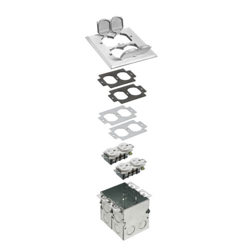 Main product image of 2-Gang Floor Box Kit w/ Steel Box & Metallic Cover w/ 4 Flip Lids (Nickel-Plated Brass)