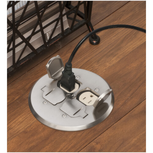Main product image of 2-Gang Floor Box Kit w/ 2 110V Receptacles, Steel Box & Round Metal Cover (Nickel-Plated Brass)