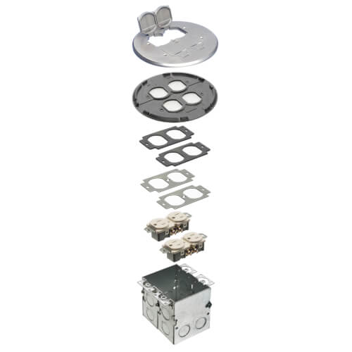 Main product image of 2-Gang Floor Box Kit w/ 2 110V Receptacles, Steel Box & Round Metal Cover (Nickel-Plated Brass)