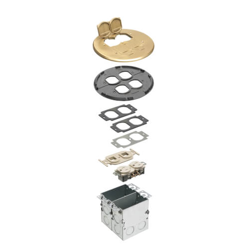 Main product image of 2-Gang Floor Box Kit w/ 1 Low-Voltage & 1 110V Receptacle, Steel Box & Round Metal Cover w/ Flip Lids (Brass)