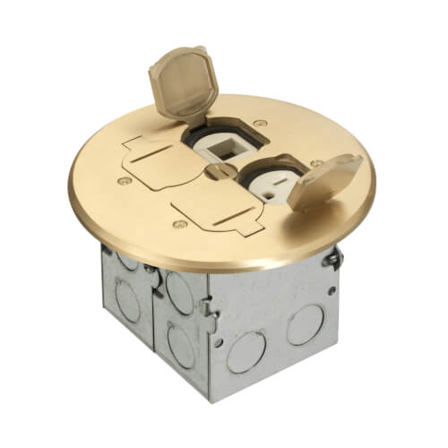 Main product image of 2-Gang Floor Box Kit w/ 1 Low-Voltage & 1 110V Receptacle, Steel Box & Round Metal Cover w/ Flip Lids (Brass)