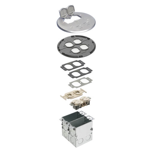 Main product image of 2-Gang Floor Box Kit w/ 1 Low-Voltage & 1 110V Receptacle, Steel Box & Metal Cover w/ Flip Lids (Nickel-Plated Brass)