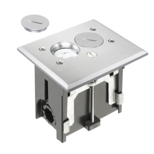 Main product image of 1-Gang Non-Metallic Adjustable Floor Box w/ Metallic Cover & Two Threaded Plugs (Brass-Plated Nickel)