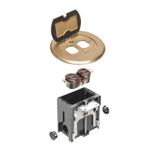 Main product image of 1-Gang Round Non-Metallic Adjustable Floor Box w/ Metallic Cover & Single Flip Lid (Brass)