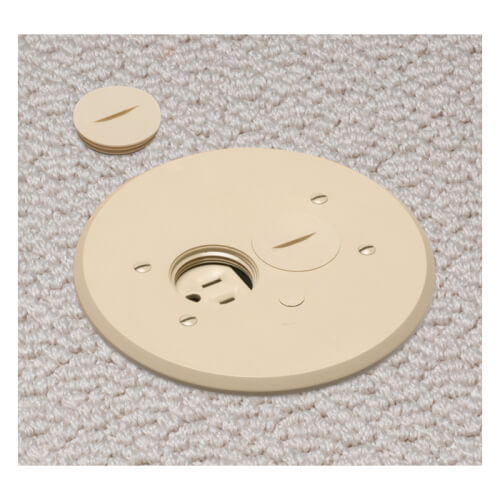 Main product image of 1-Gang Round Non-Metallic Adjustable Floor Box w/ Two Threaded Plugs for New Floors (Light Almond)