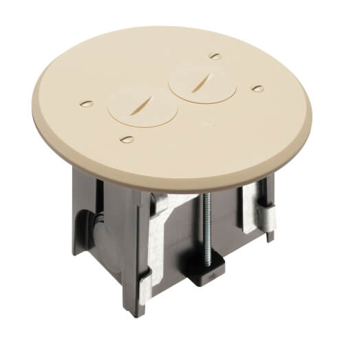 Main product image of 1-Gang Round Non-Metallic Adjustable Floor Box w/ Two Threaded Plugs for New Floors (Light Almond)