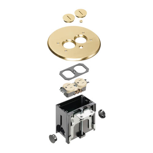 Main product image of 1-Gang Round Non-Metallic Adjustable Floor Box w/ Metallic Cover & Two Threaded Plugs for New Floors (Brass)