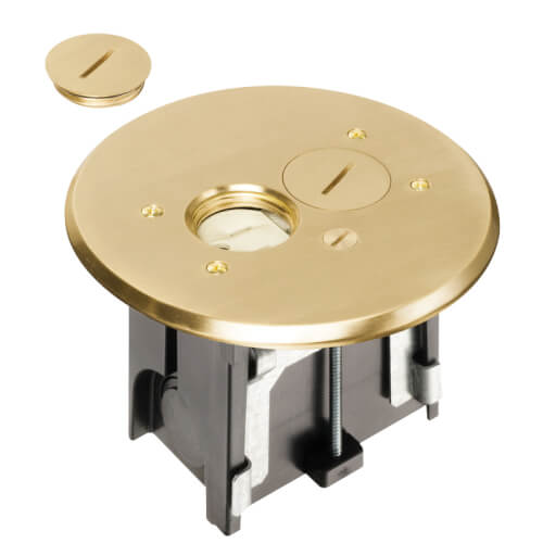 Main product image of 1-Gang Round Non-Metallic Adjustable Floor Box w/ Metallic Cover & Two Threaded Plugs for New Floors (Brass)