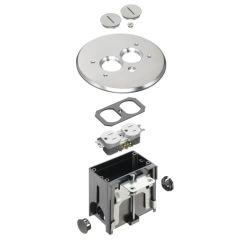Main product image of 1-Gang Round Non-Metallic Adjustable Floor Box w/ Metallic Cover & 2 Threaded Plugs for New Floors (Nickel-Plated Brass)