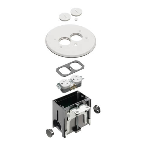 Main product image of 1-Gang Round Non-Metallic Adjustable Floor Box w/ Two Threaded Plugs for New Floors (White)