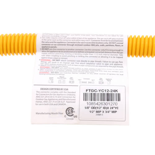 Main product image of 1/2" ID (5/8" OD) Yellow Coated Stainless Steel Gas Connector w/ 3/4" x 1/2" MIP Fittings (24" Length)