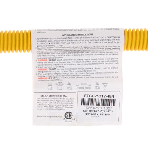 Main product image of 1/2" ID (5/8" OD) Yellow Coated Stainless Steel Gas Connector w/ 3/4" MIP Fittings (48" Length)