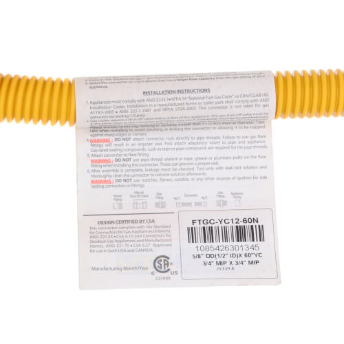 Main product image of 1/2" ID (5/8" OD) Yellow Coated Stainless Steel Gas Connector w/ 3/4" MIP Fittings (60" Length)