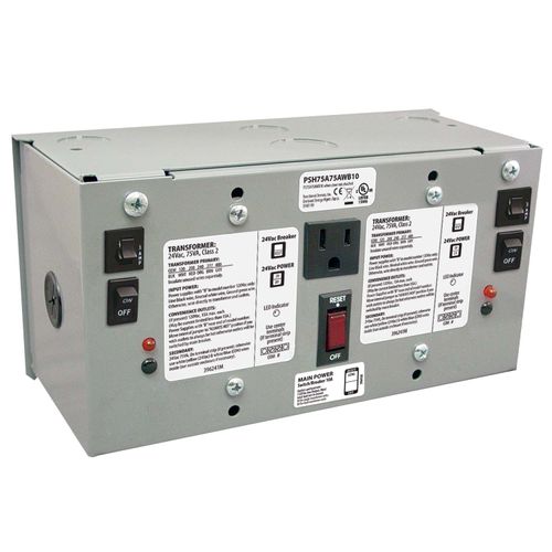 Main product image of Dual 75 VA Power Supply, 120 to 24 Vac, UL Class 2, Secondary Wires, 10 Amp Main Breaker, Metal Enclosure