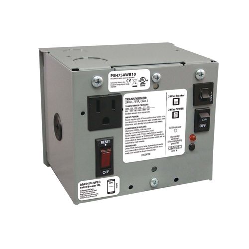 Main product image of Single 75 VA Power Supply, 120 to 24 Vac, UL Class 2, Secondary Wires, 10A Main Breaker, Metal Enclosure